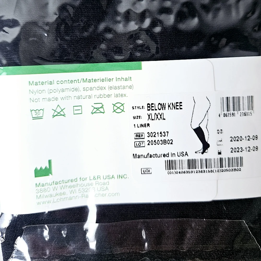 L&R ReadyWrap Fusion Compression Liner Socks Black XL/XXL 8-15 mmHg 2 Pack
